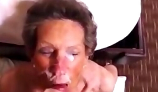 Old tranny gets cum blasted in her eyes