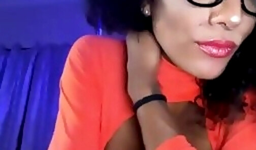 big boobs black translady in glasses masturbates her dick on webcam