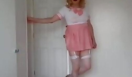 Cute pink and white costume with stockings