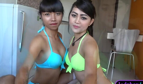 Ladyboy and female friend threesome with a white guy