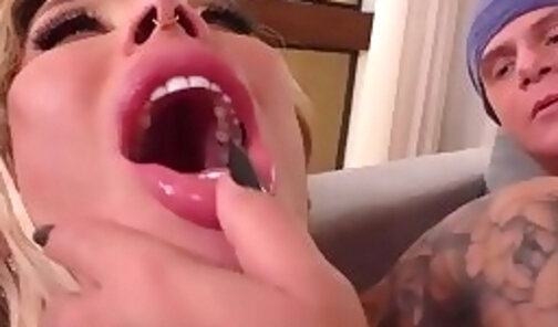 Babi busts out a wad of jism on Alex's outstretched tongue
