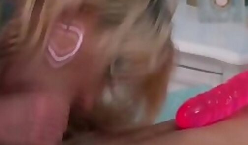 Busty blonde ts Aubrey Kate rims and bareback anal pounding