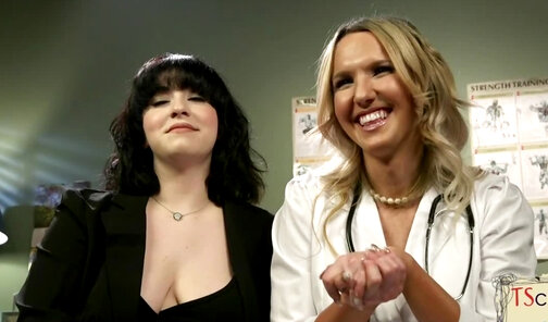 Transgender nurse fingering busty lesbian