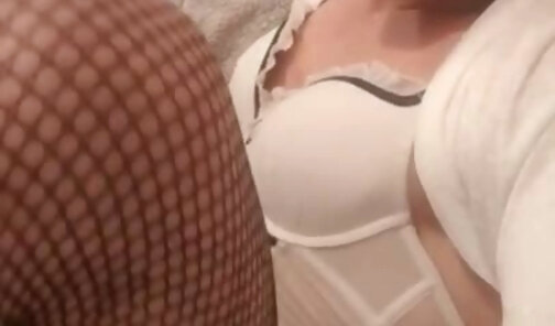 Sexy self face cum eating trans slut in white sexy lingerie