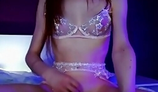 skinny Kazakhstan transgirl in sexy lingerie strokes her small dick on webcam