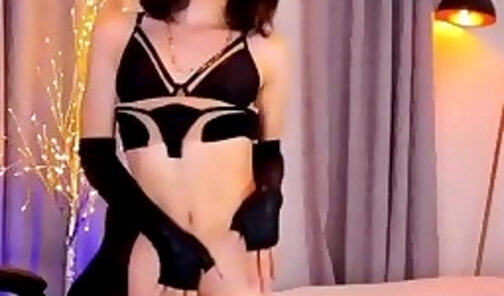 slim and tall brunrtte transgirl in stockings teases on webcam