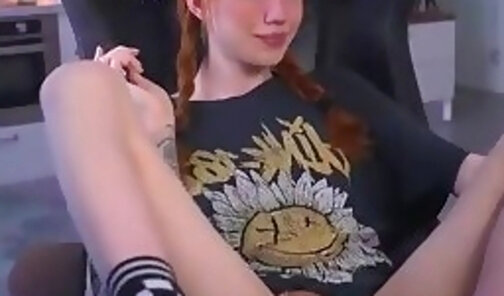 petite redhead Russian tgirl with tattoos jerks on webcam