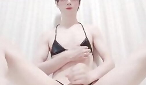 japanese sissy in latex bikini masturbating