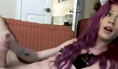 thin purple hair trnsgender cums twice
