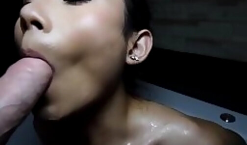 Tiny amateur Asian ladyboy teen Nonny gives an amazing bathtub blowjob