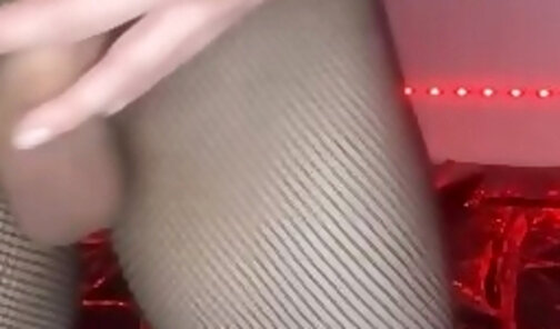 Sexy femboy in bodystocking and heels makes use of his 3 set dildo and fingers