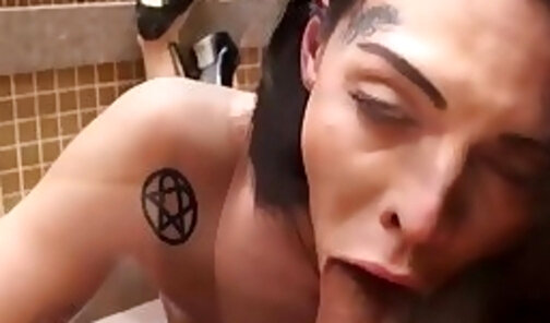 Tattooed shemale hottie sucking huge hard cock in POV