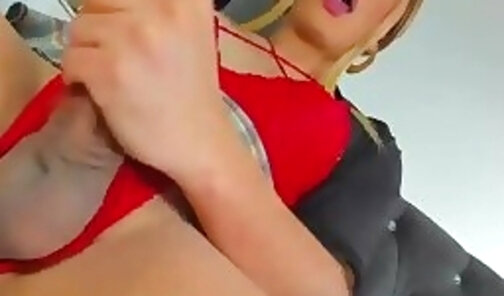 huge cock latina transgirl in red lingerie wanks hard on webcam