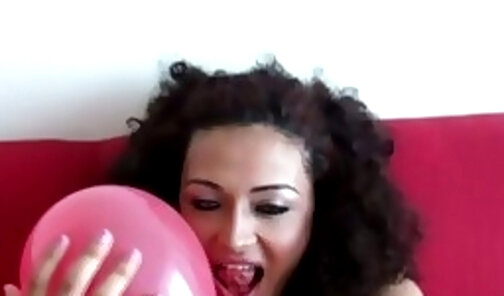 Petite Trans Keira playing with balloons and her big cock