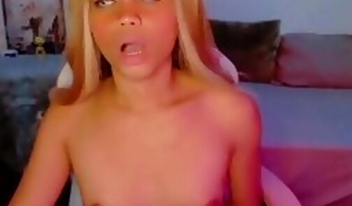 petite blonde transgirl masturbates on webcam