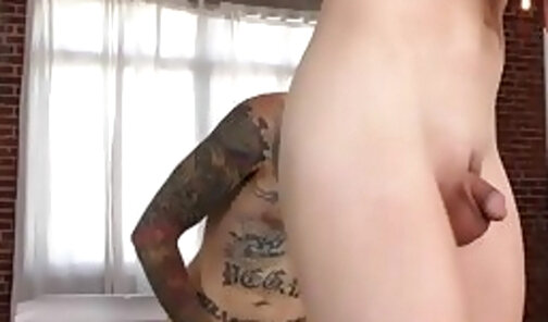 Oiled smalltits TS assfucked and cocksucked by tattooed BF