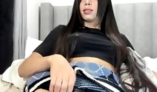 long black hair transgirl tugs her big dick on webcam