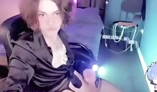skinny teen trans cutie in stockings wanks on webcam