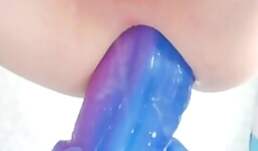 Femboy SuperSubbySoup rides huge Bad Dragon dildo and cums no hands