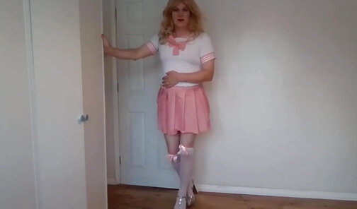 Pink and white outfit and panties pulled aside