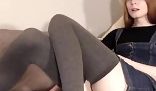 long legs russian trans cutie in black stockings strokes her cock on webcam