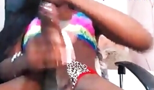 Fascinating Ebony SheBabe polishing his big black saber in a WebCam Show