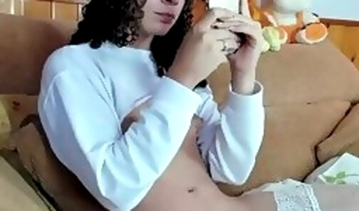 slim spanish transgirl in white stockings strokes her dick on webcam