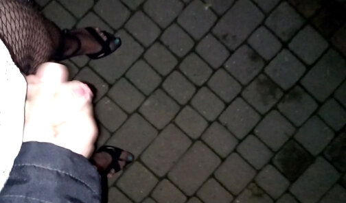Night ejaculation in sandals on the post