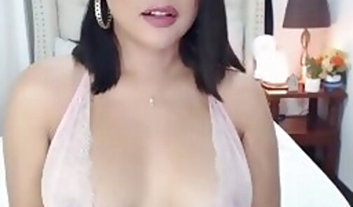 Busty Asian shemale in lingerie solo on webcam