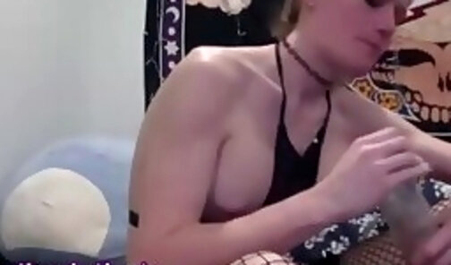 slim brunette American tattooed tgirl in stockings strokes her dick