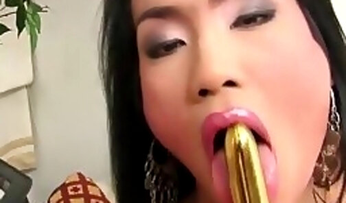 Dark-haired ladyboy in leopard lingerie shoves a big dildo up her tight ass