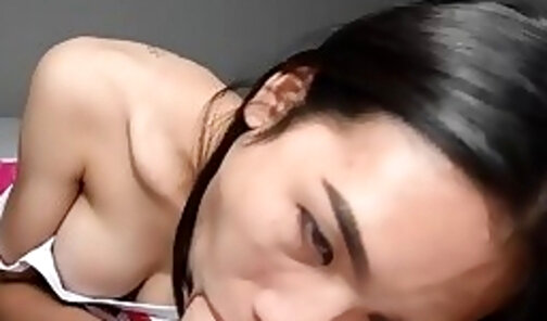 Firm tits amateur Asian ladyboy teen POV blowjob and anal doggy style fuck