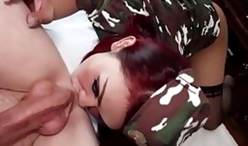 Ladyboy in military outfit fucked bareback