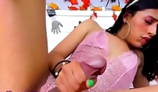 flexible Latina trans bunny in pink lingerie strokes big cock on webcam