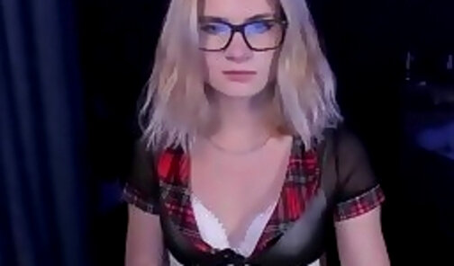 slim German teen transgirl in glasses strokes her cock on webcam