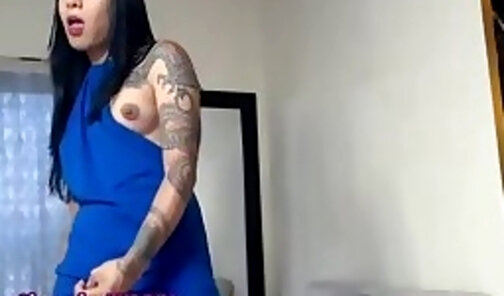 big tits latina shemale beauty with tattoos strokes her big cock on webcam