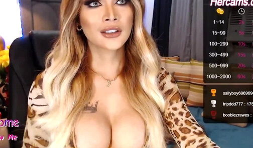 Leopard print body suit tgirl and her puppy webcam show