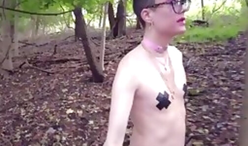 Sissy femboy naked and lubed up on a public trail in the woods - ASS FUCK and PISS