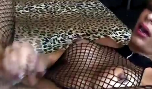 Tranny in fishnet gets dick in her tight ass hole