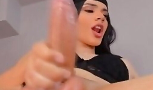shemale with stroking her big stiff penis