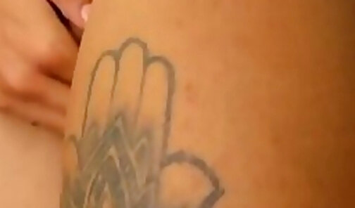 redhead transgirl with tattoos jerks off big banana cock on webcam