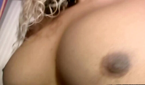 Blond ebony TS in black stockigns drains her shecock cum dry