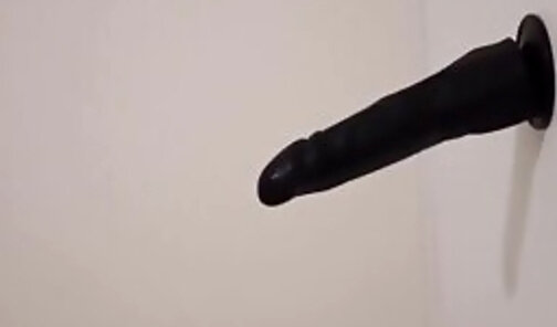 hairy sissy cum while fuck the black dildo