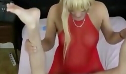 Tall blond shemale fucking her submissive slave hard