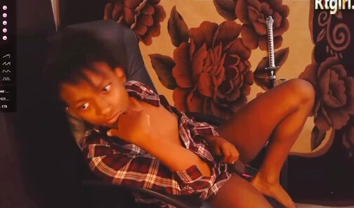 petite ebony teen femboy strokes her cock on webcam