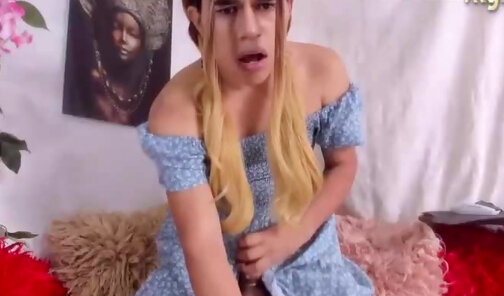 petite latina trans girl in blue dress wanks hard on webcam